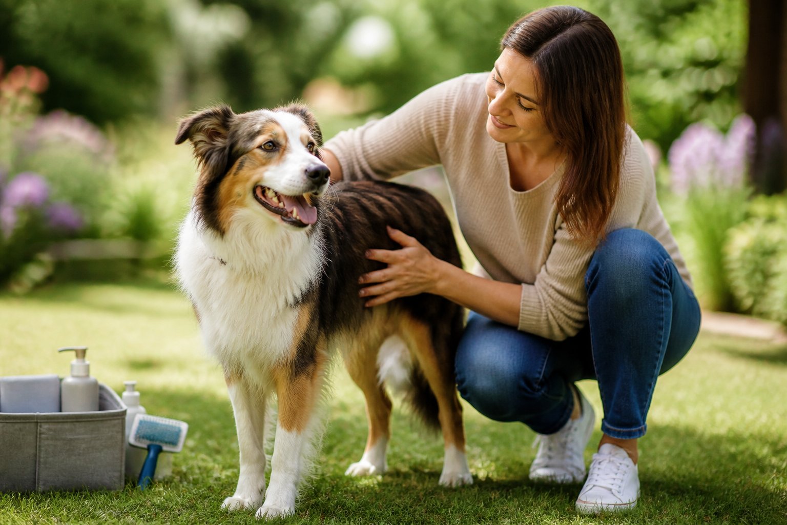 A dog stands beside its owner while the owner gently checks its coat outdoors.