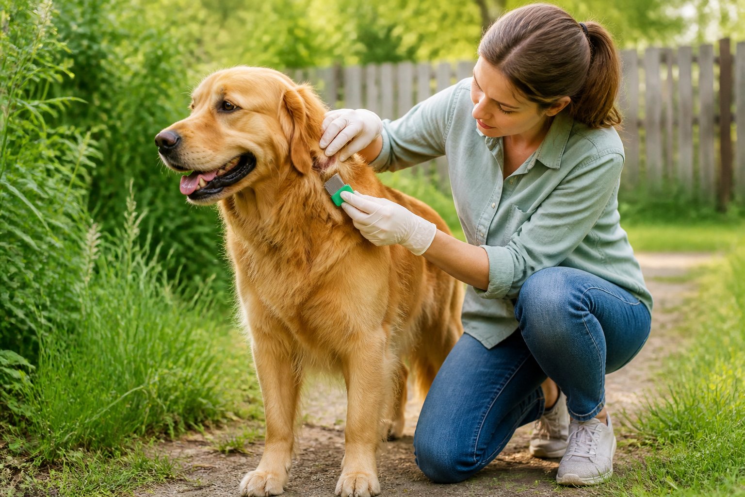 An owner gently checks a relaxed golden retriever for ticks or fleas outdoors.