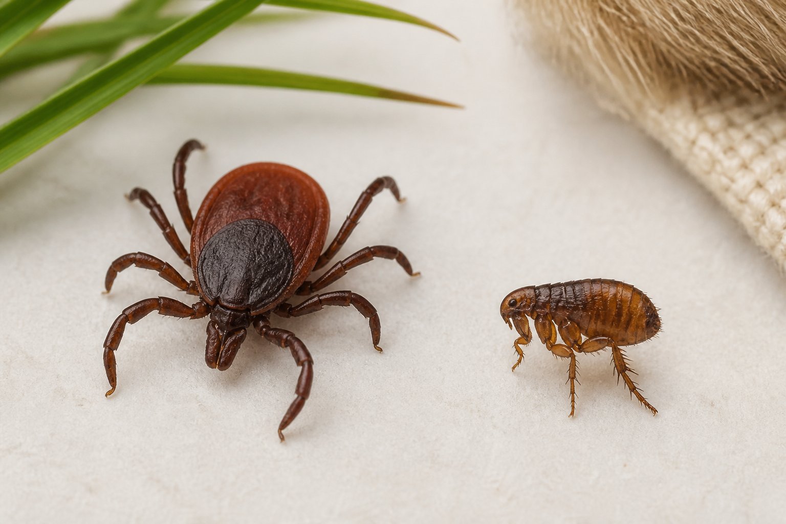 A tick and a flea shown separately for comparison on a neutral surface.