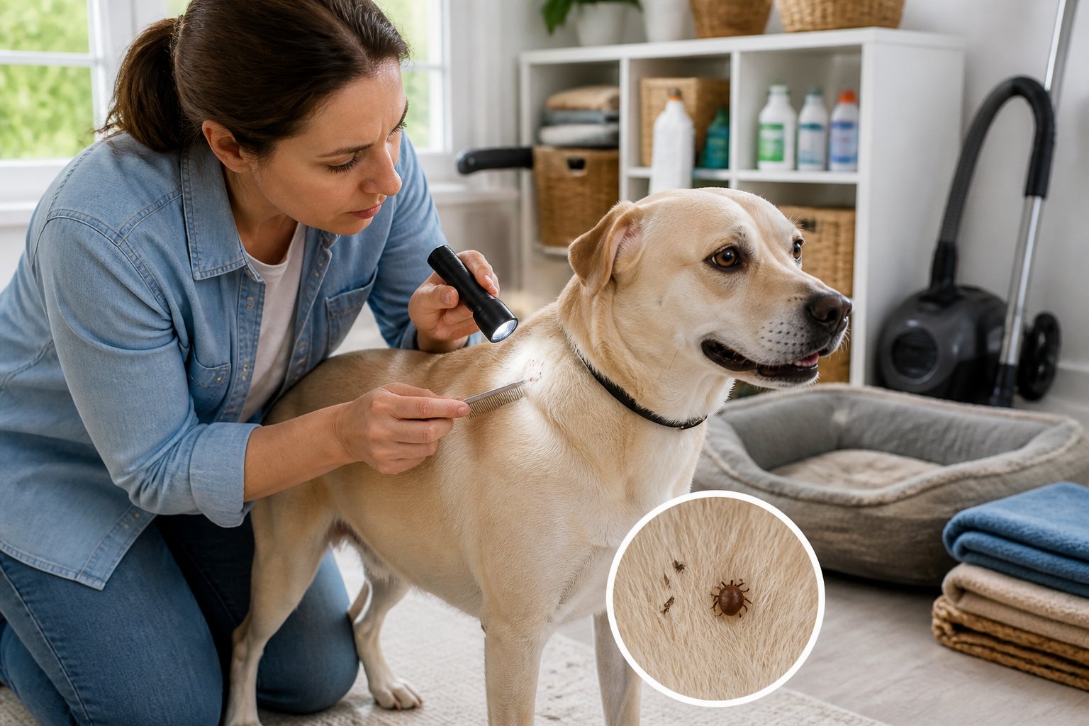 A pet owner examines a dog’s fur for ticks and fleas in a clean living room.