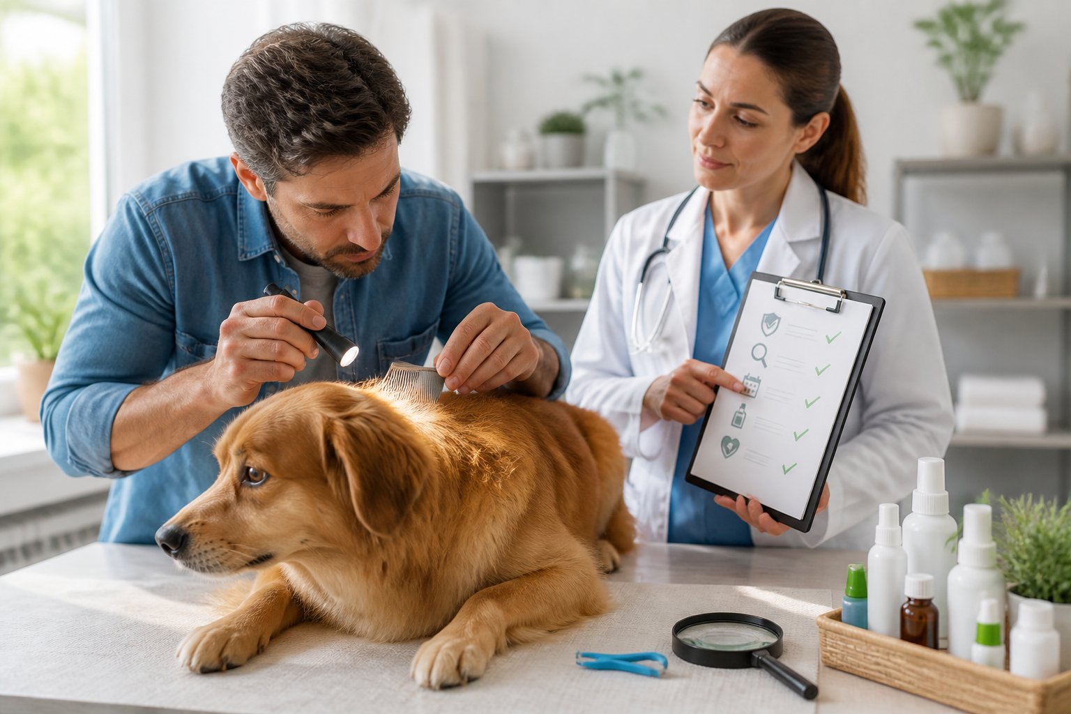 A pet owner examines a dog’s fur while a veterinarian offers guidance about possible ticks and fleas.
