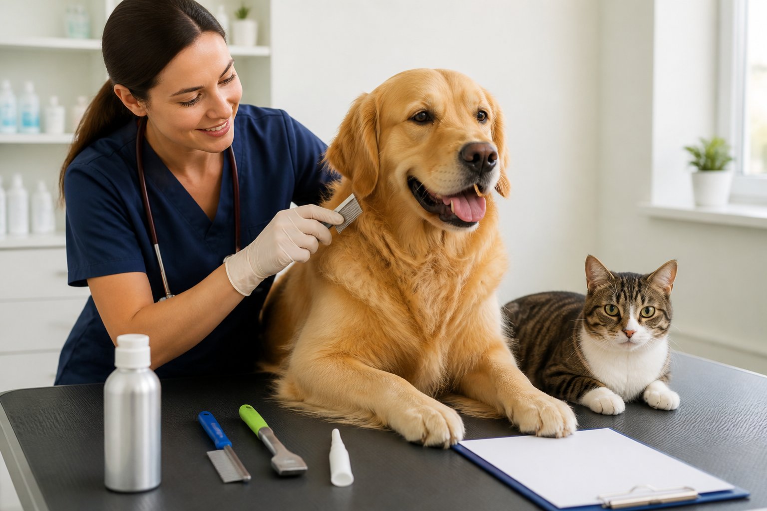 A veterinarian gently examines a dog with a flea comb while a cat sits nearby and pet-care supplies are arranged on a clinic counter.