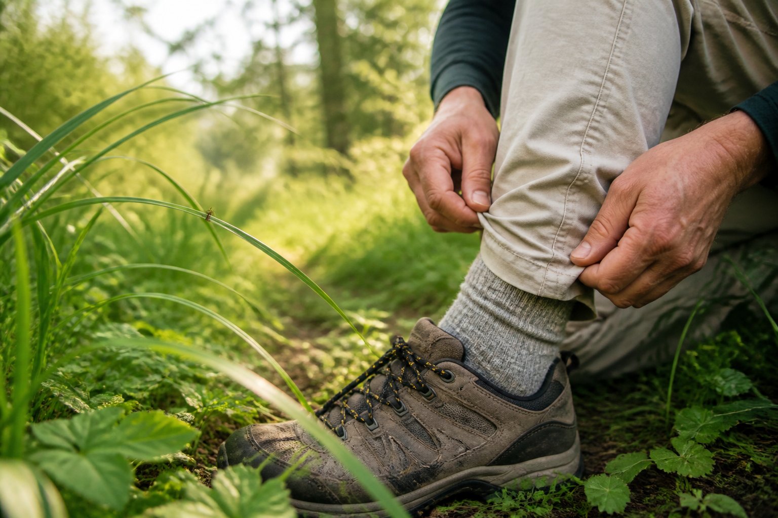 A hiker checks their clothing for ticks beside tall grass and woodland vegetation.