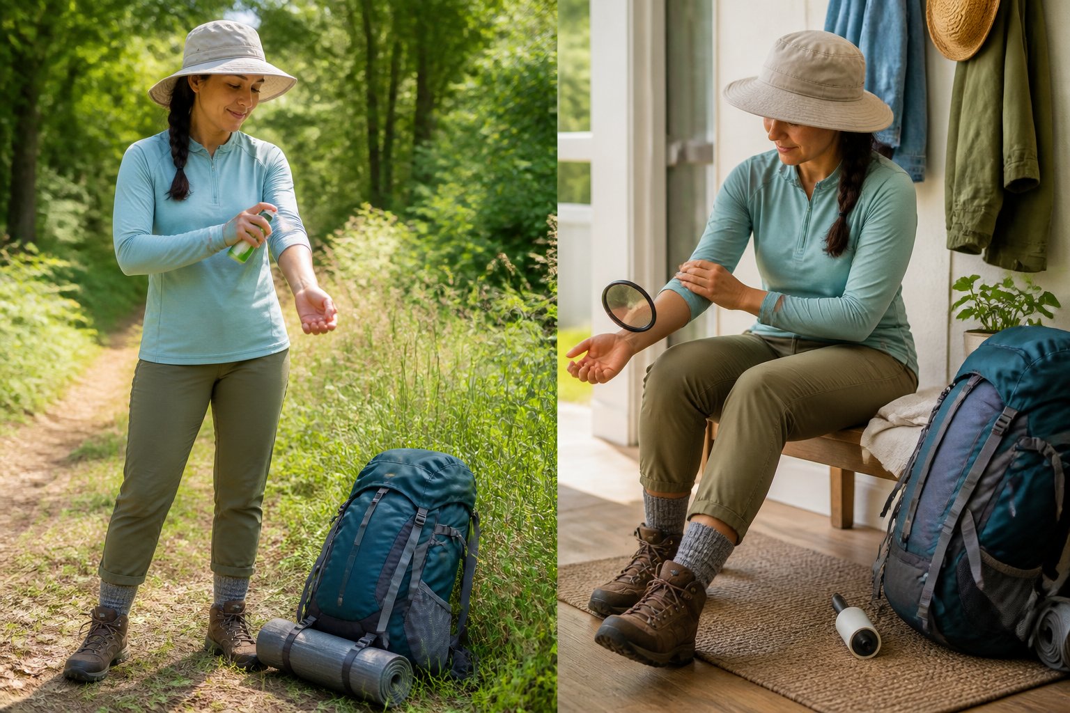 A hiker applies insect repellent beside a wooded trail while checking their clothing and skin for ticks.