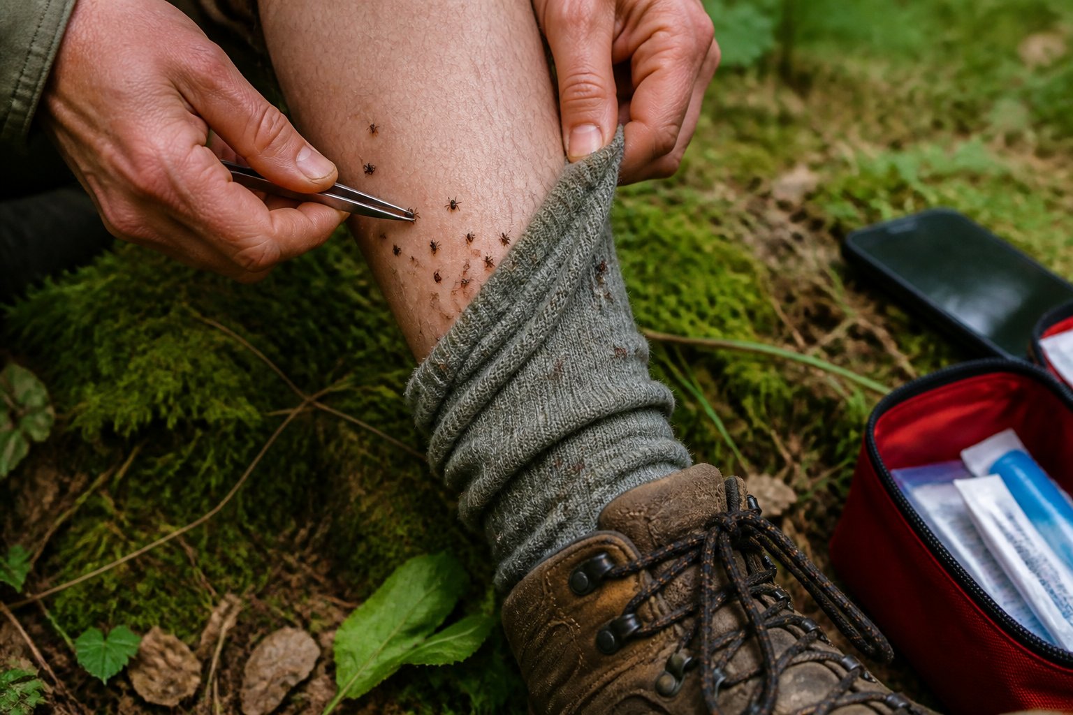A person outdoors inspects several ticks on their sock and lower leg with tweezers.