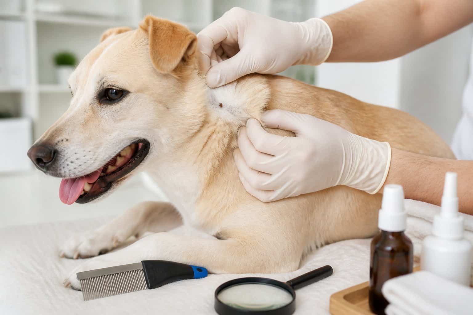 A veterinarian gently parts a dog’s fur to check for fleas and a tick.