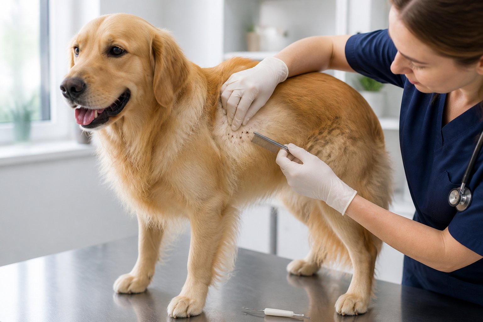 A veterinary technician gently examines a dog’s fur for ticks and fleas with a comb and removal tool.