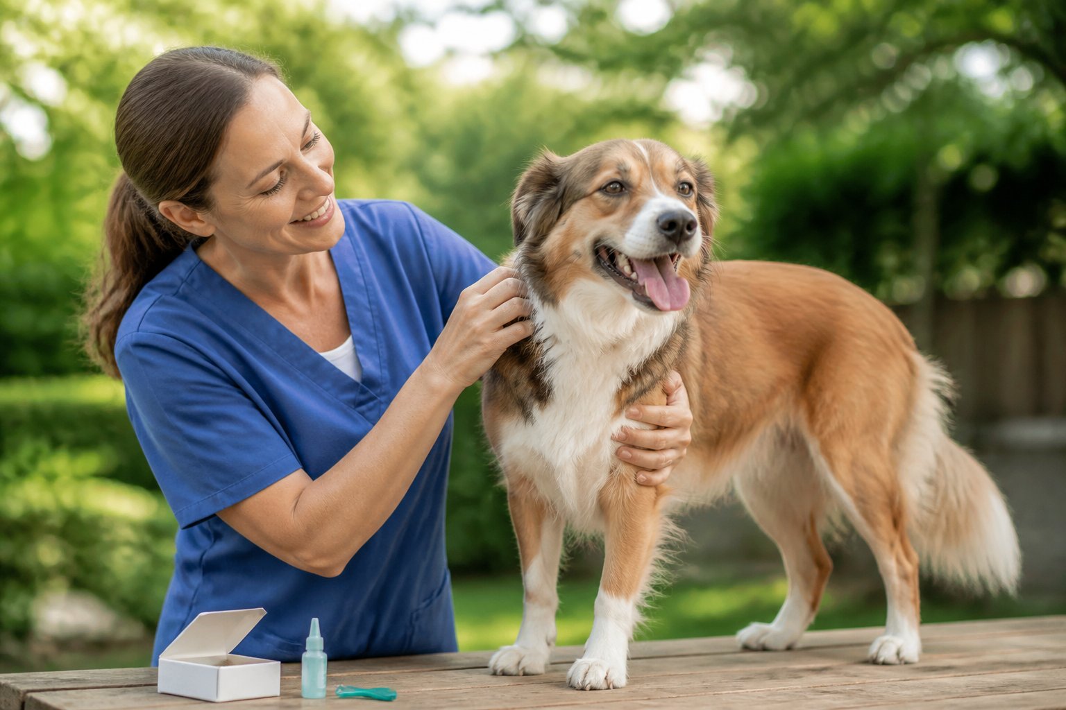 A veterinarian gently examines a healthy dog outdoors for year-round flea and tick protection.