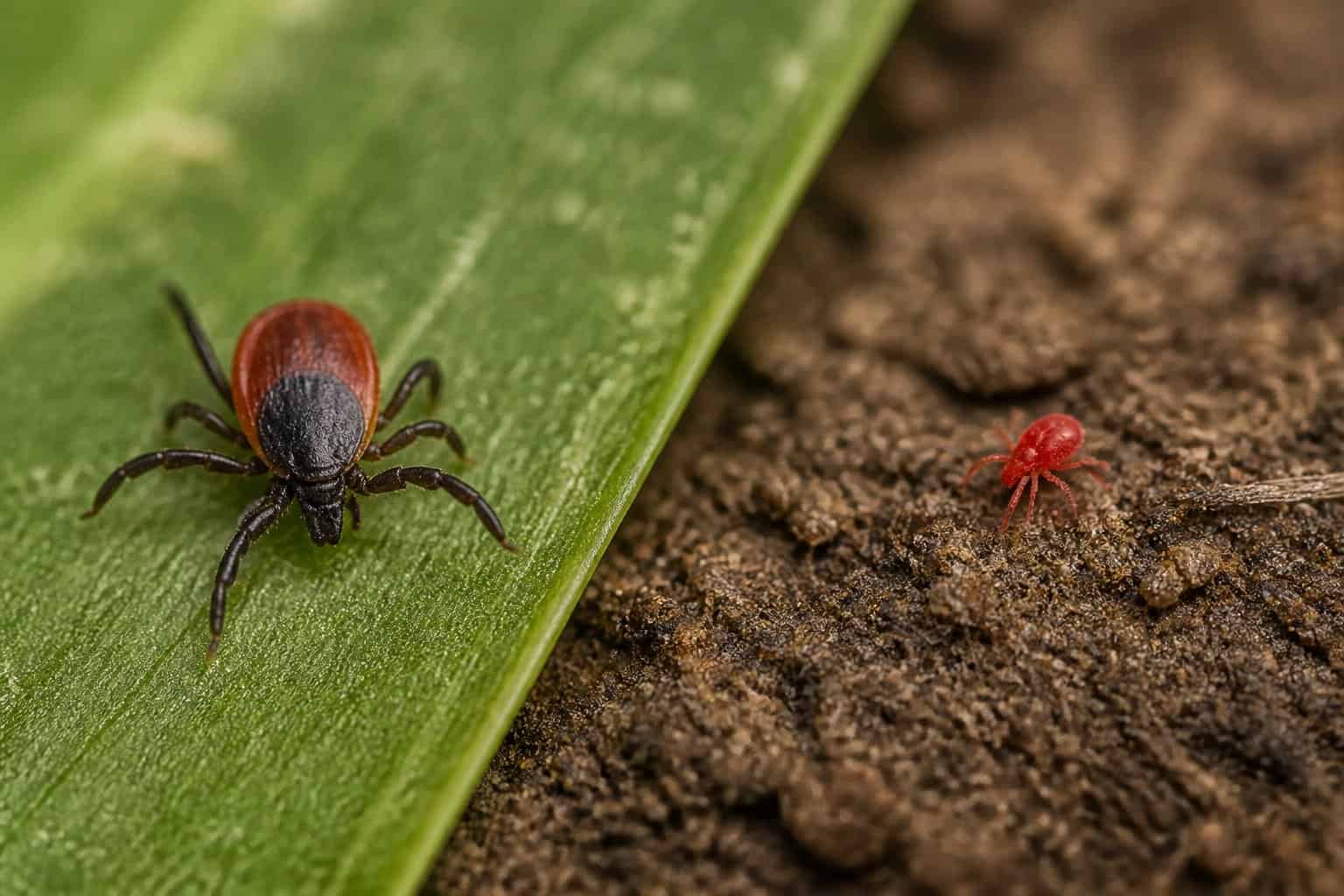 A tick and a much smaller mite shown separately on a natural surface.