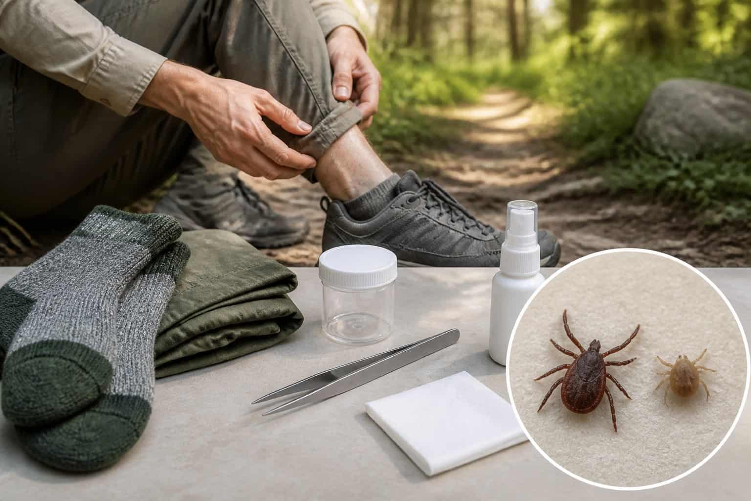 A person checks their leg for ticks beside tweezers, repellent, and realistic images of a tick and a mite.