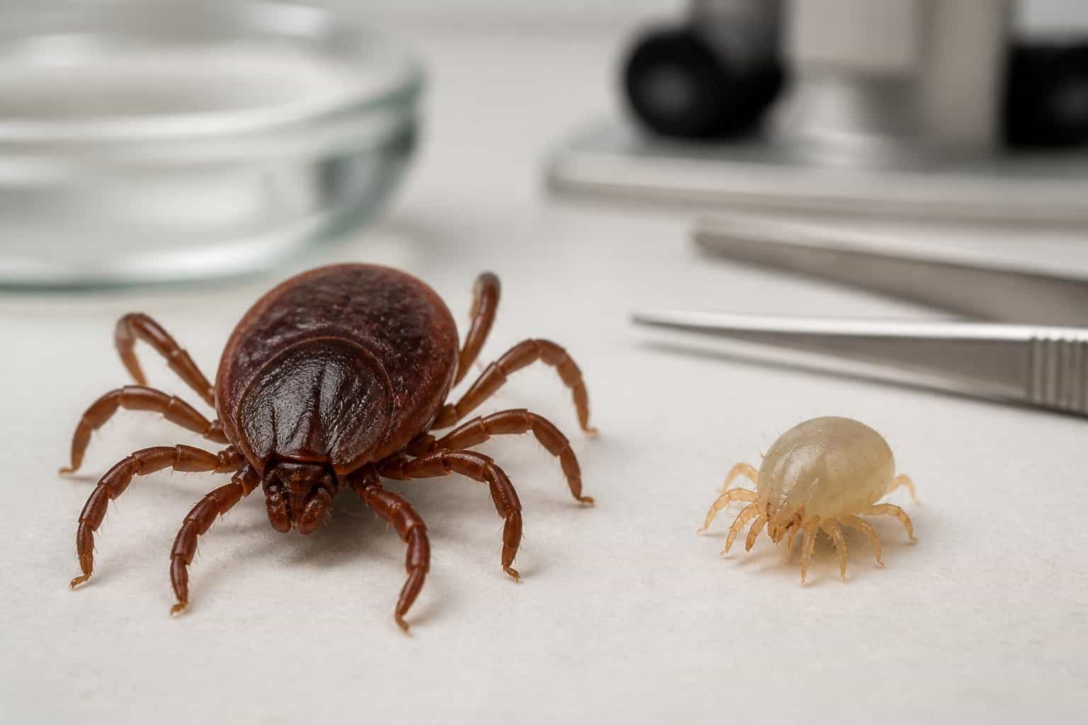 A tick and a much smaller mite are shown side by side on a laboratory surface.