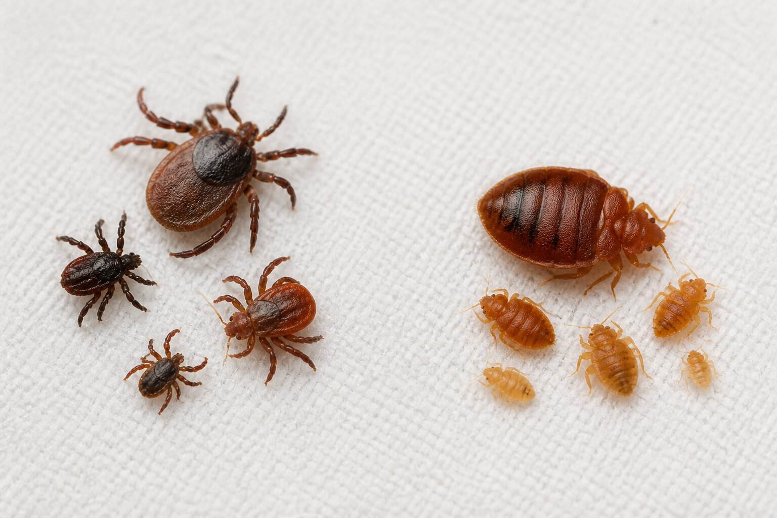 Ticks and bed bugs displayed separately for visual comparison on a light background.