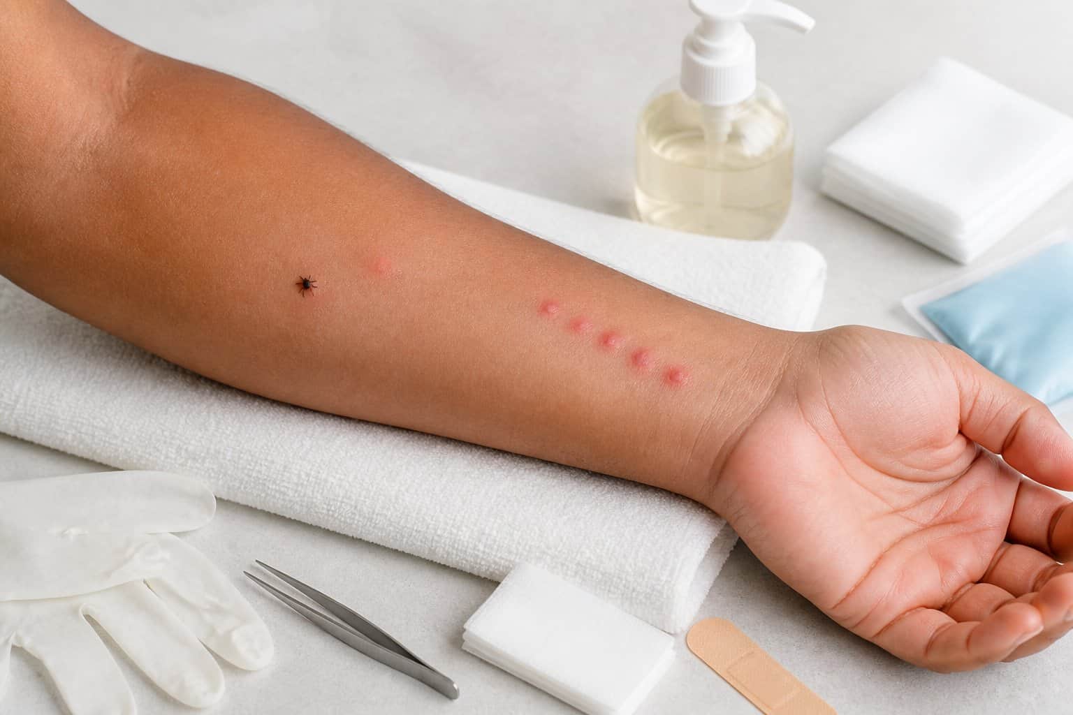 A forearm shows separate examples of tick and bed bug bites beside tweezers, antiseptic wipes, gloves, and basic first-aid supplies.
