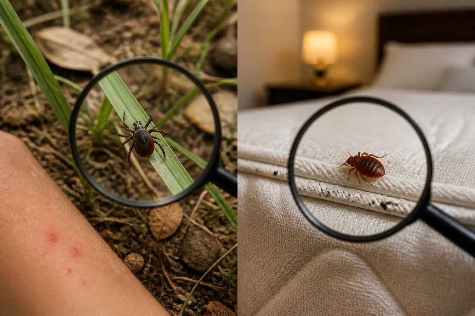 A tick rests in grass beside a bed bug on a mattress seam, showing their different habitats.
