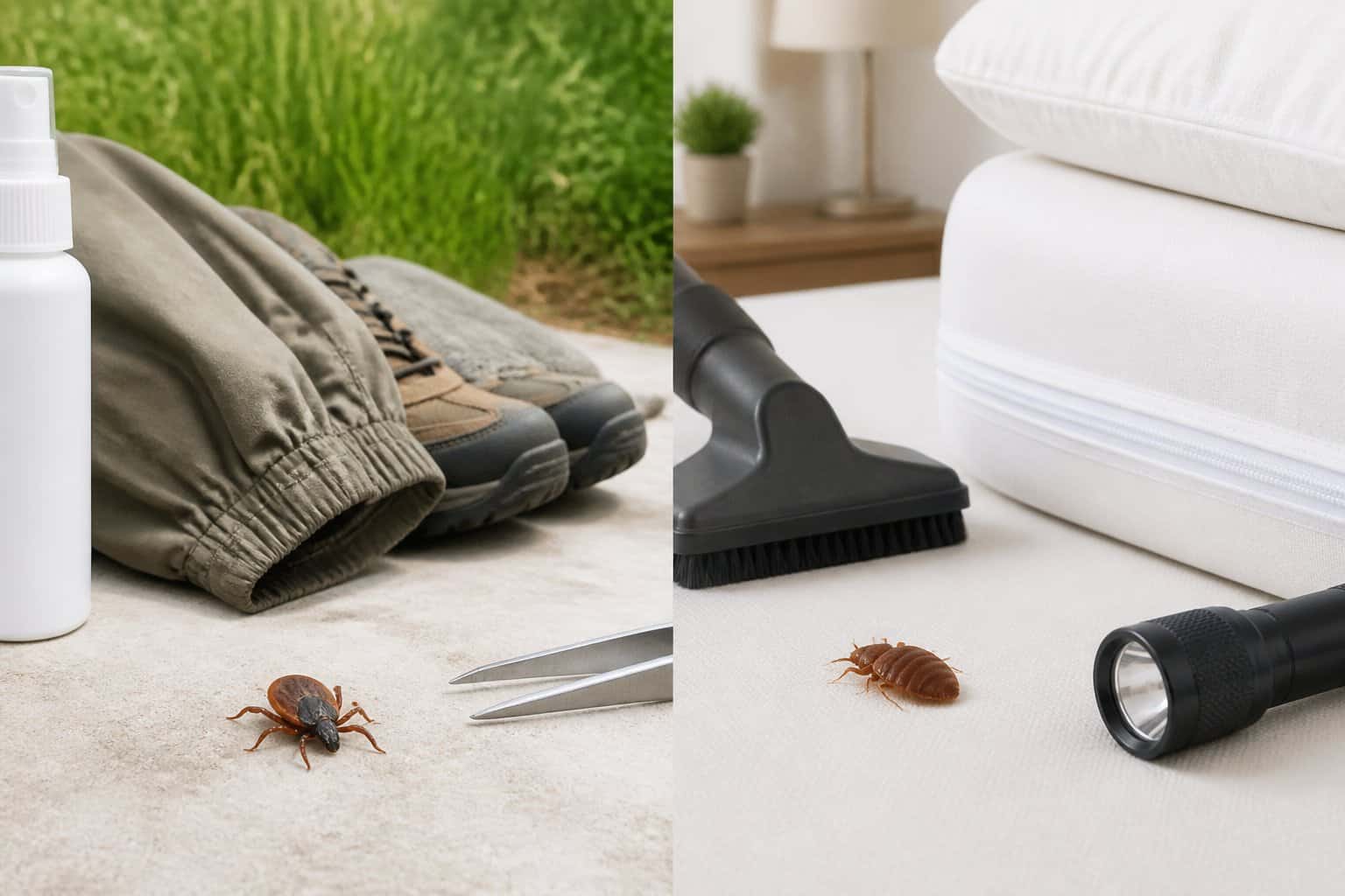 A split scene compares tick prevention outdoors with bed bug inspection and control indoors.