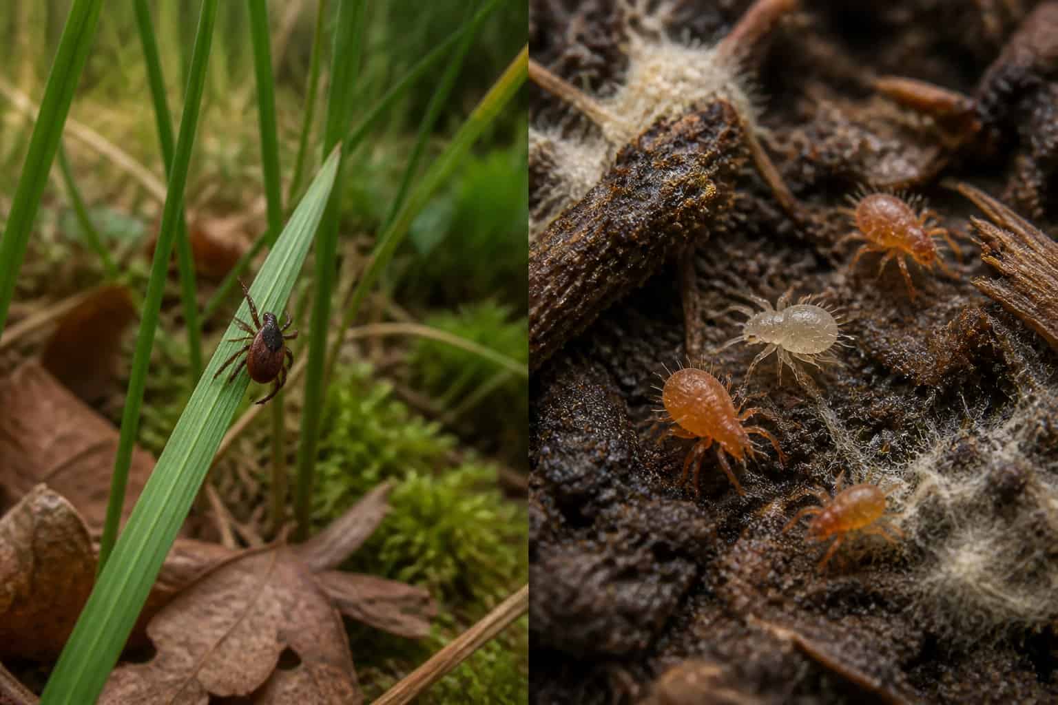 A split natural scene shows a tick waiting on grass near leaf litter and mites moving through moist soil and decaying organic matter.