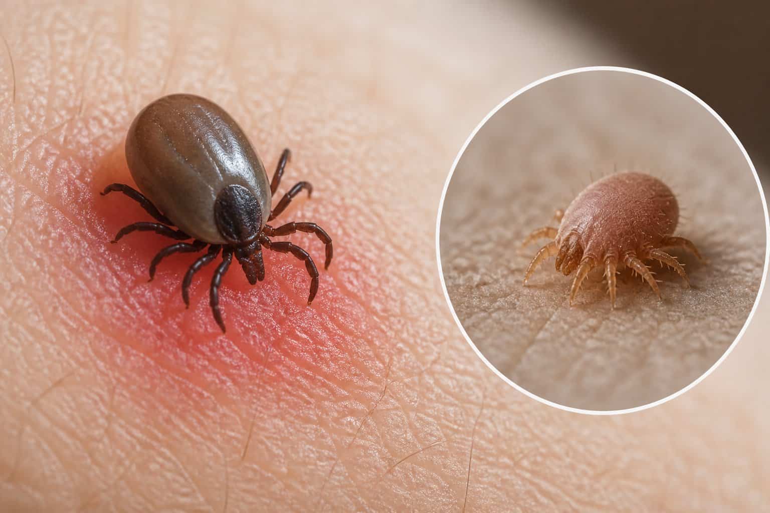 A tick and a much smaller mite shown side by side near human skin, with mild redness suggesting irritation.