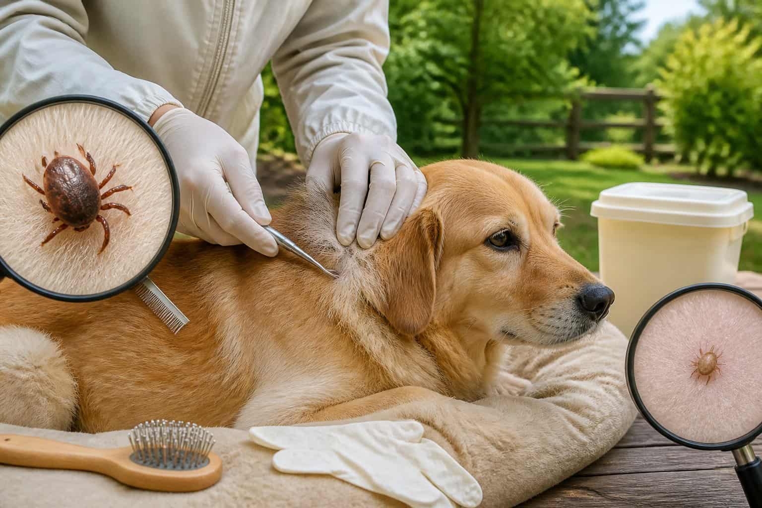 A gloved person checks a dog’s fur with a comb and tick-removal tool while magnified views show a tick and a mite.