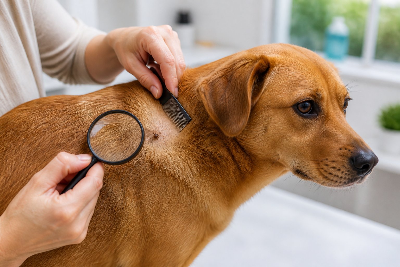 A person parts a dog's fur to inspect the skin for a tick and flea debris.