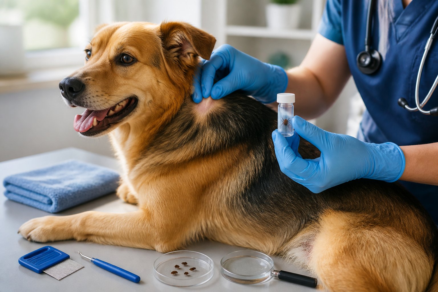 A veterinarian examines a dog’s fur while comparing a tick and fleas in small specimen containers.