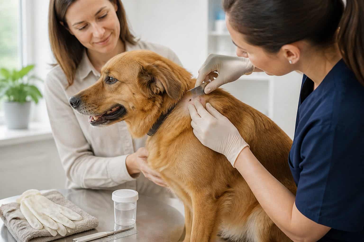 A pet owner and veterinarian inspect a dog’s fur for fleas and a tick using a flea comb.