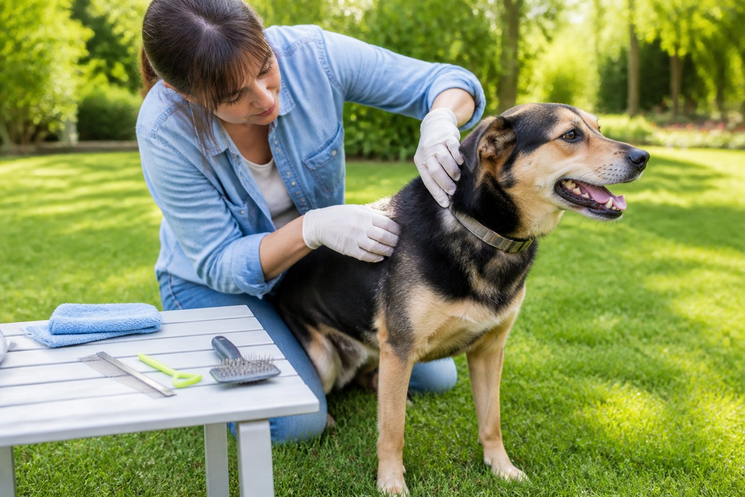 A dog owner checks a dog's fur and paws outdoors using grooming tools to help prevent ticks and fleas.