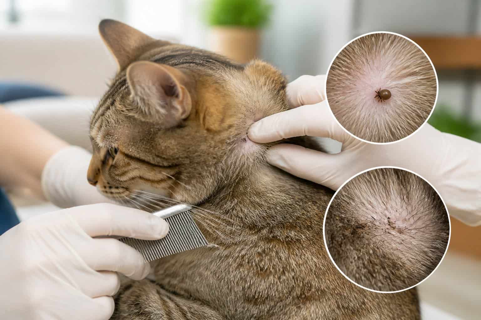 A veterinarian gently examines a cat’s fur for ticks and fleas.