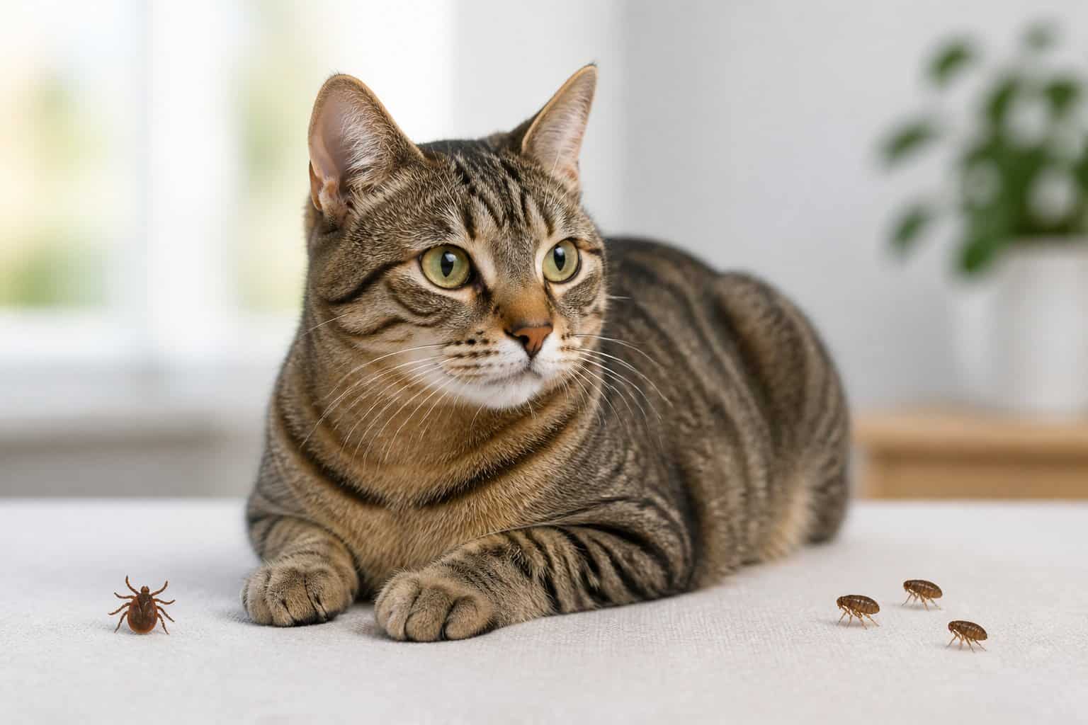 A healthy cat beside a small tick and several fleas in a clean home setting.