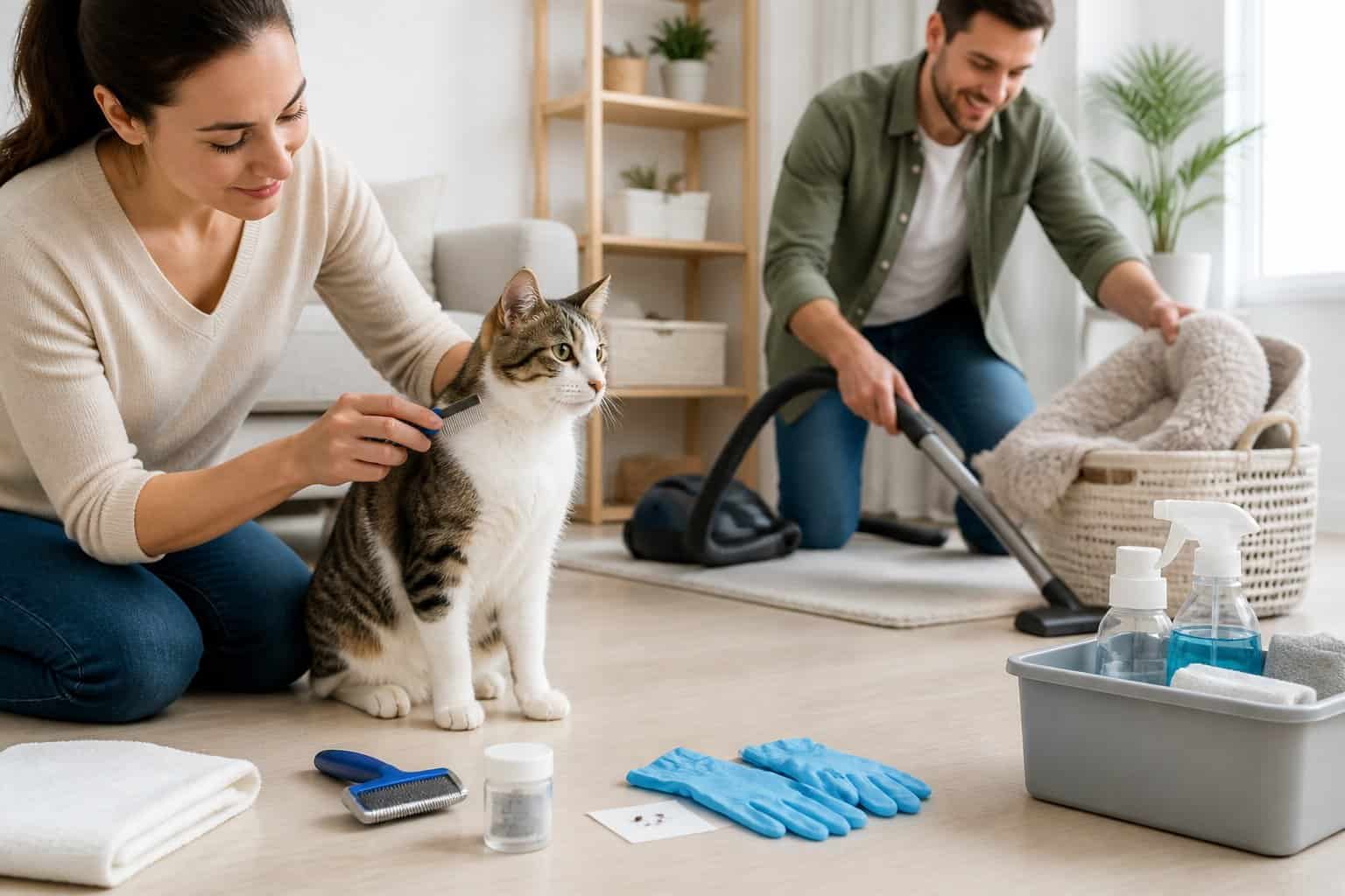 A person gently combs a cat while another vacuums near clean pet bedding and grooming supplies.