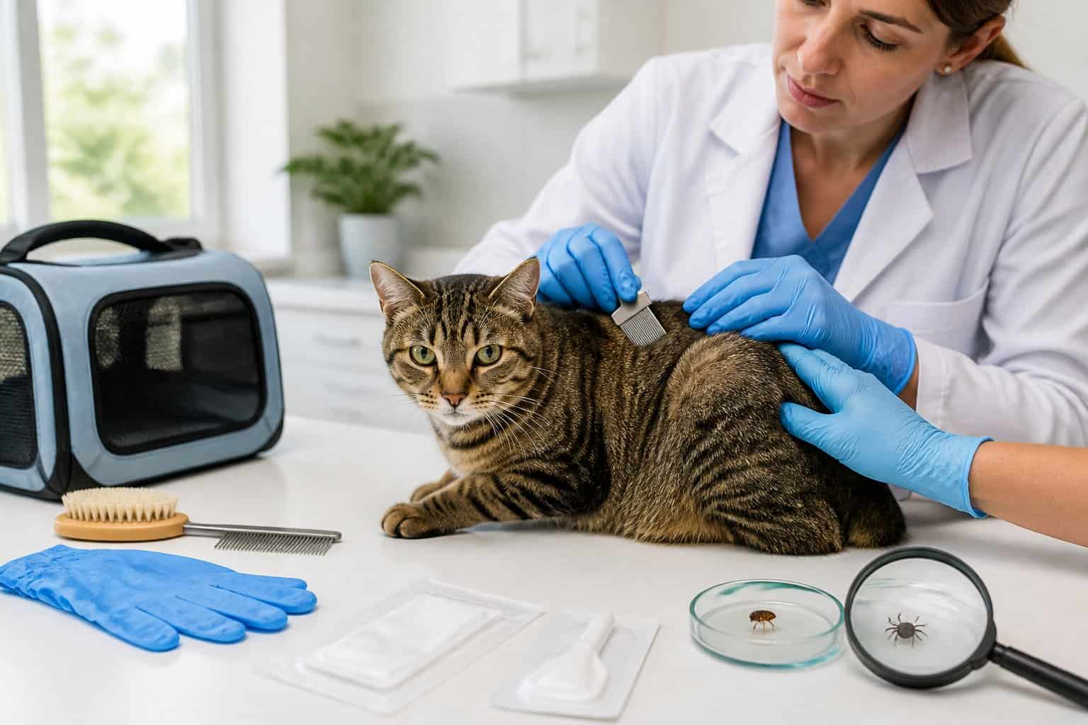 A veterinarian examines a cat’s fur with a flea comb during a preventive health check.