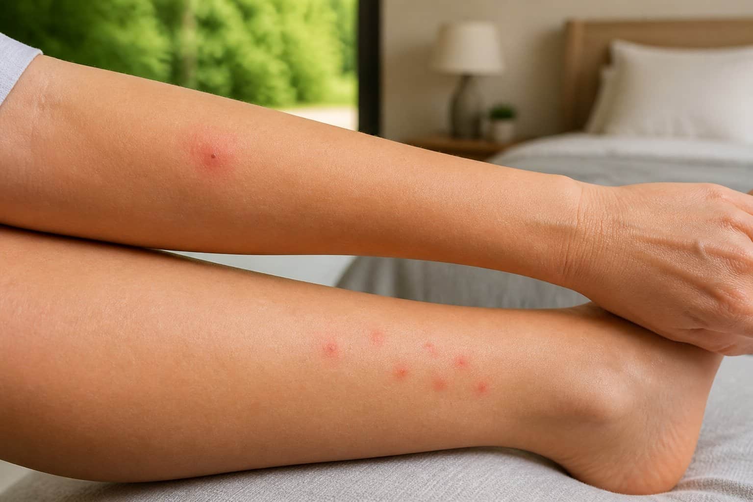 Close-up of an arm and leg showing a single irritated bite and a separate cluster of small red bites.
