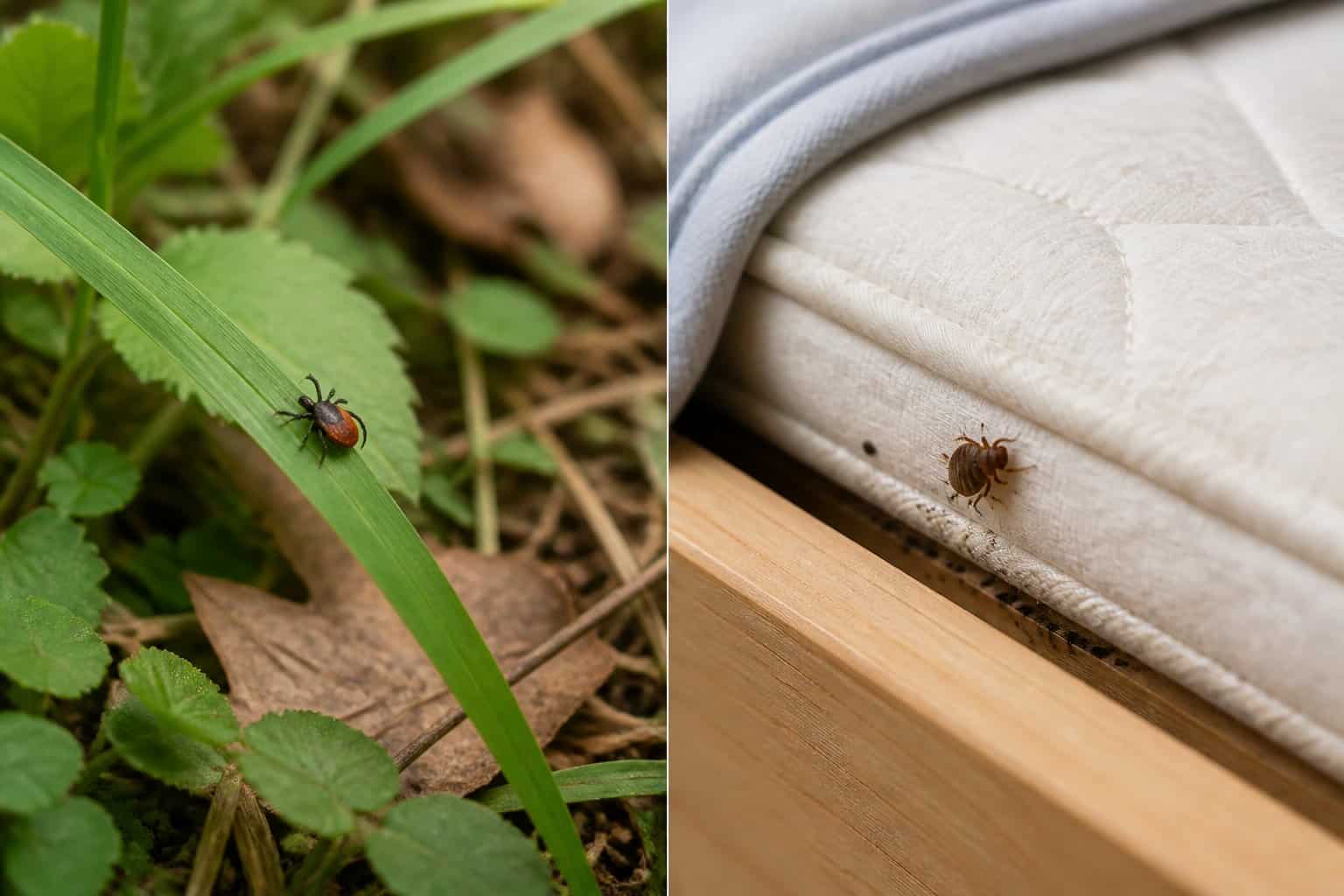 A split scene showing a tick in outdoor grass and a bed bug near a bedroom mattress seam.