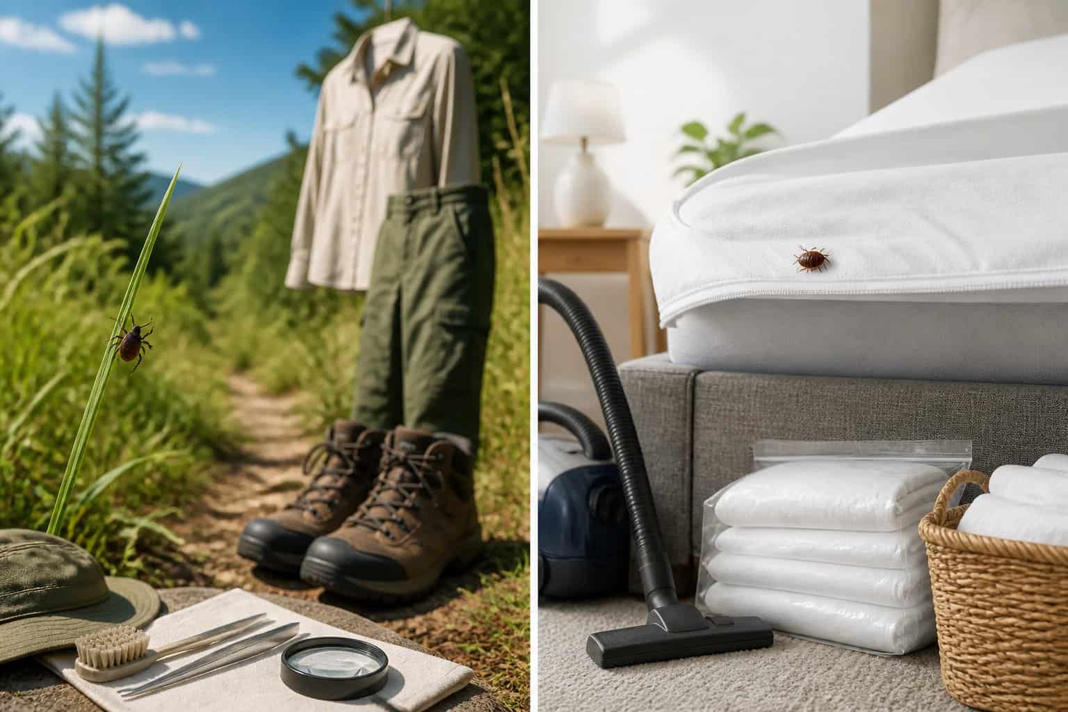 A split scene shows tick prevention in a grassy outdoor setting and bed bug prevention in a clean bedroom.