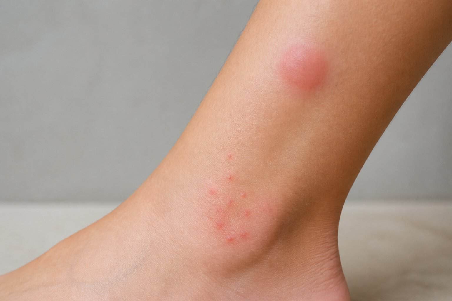 Close-up of a lower leg showing clustered small bumps near the ankle and a separate larger red welt higher on the leg.
