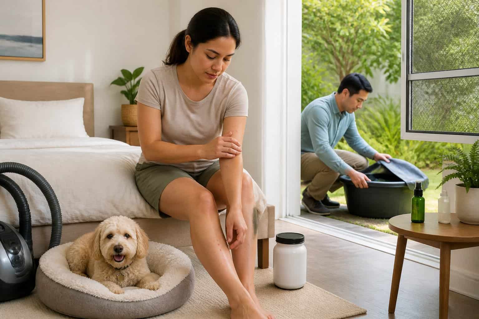 A person examines mild insect bites while flea and mosquito prevention items are visible in a clean home setting.