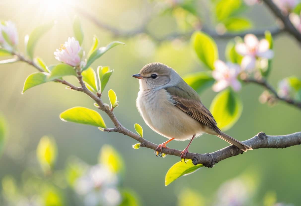 A small bird perched on a tree branch surrounded by green leaves and sunlight.