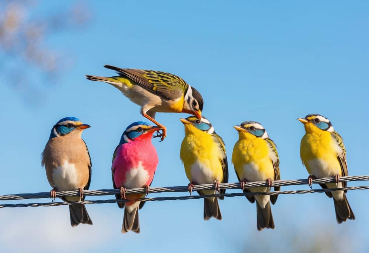 A group of small colorful birds perched on a wire with one larger bird trying to join them against a blue sky.