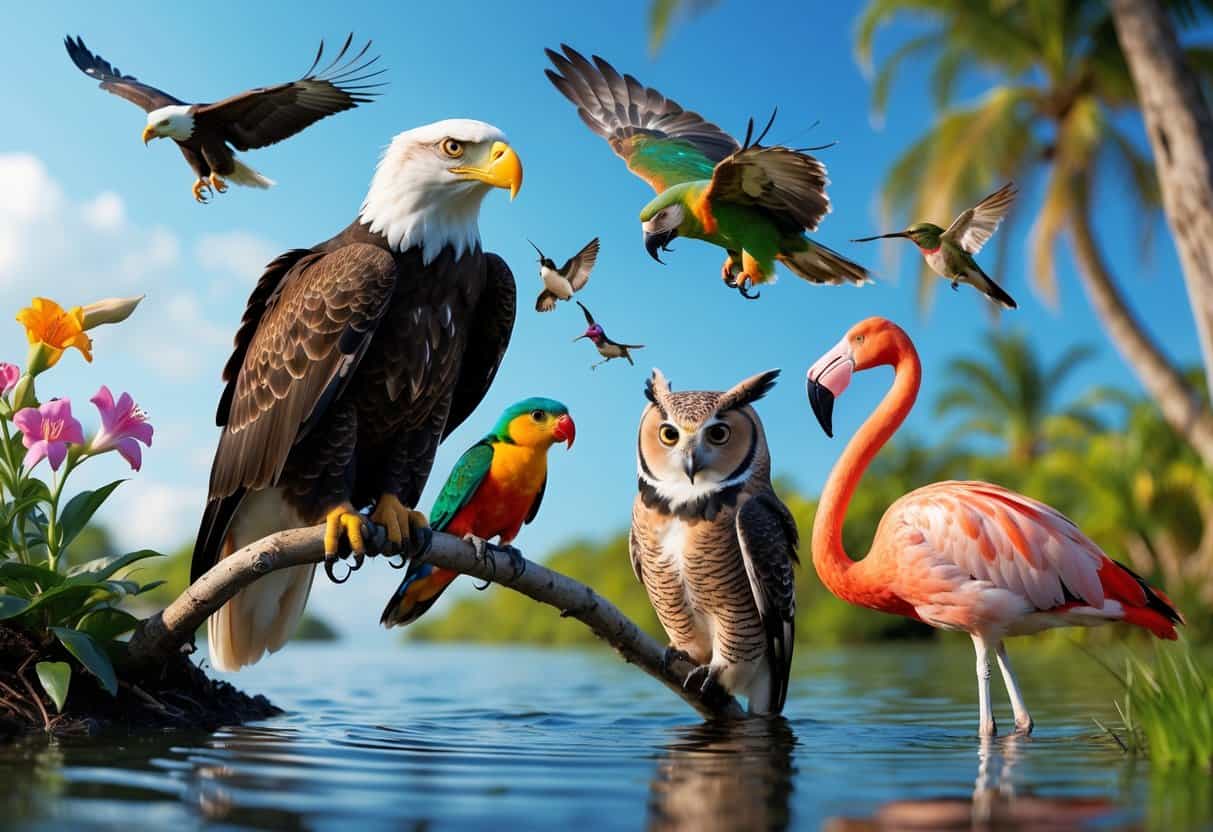 A group of different birds including an eagle, parrot, hummingbird, owl, and flamingo in a natural outdoor setting.
