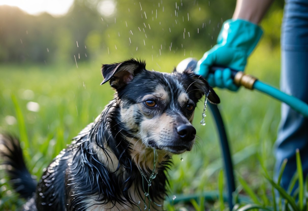 A distressed dog outdoors with wet fur around its face and neck, while a person wearing gloves prepares to wash it with a garden hose.