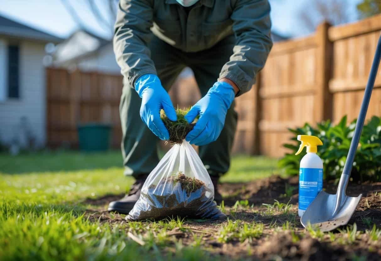 Person wearing gloves and a face mask handling a plastic bag with skunk feces outdoors in a backyard with grass and a fence.
