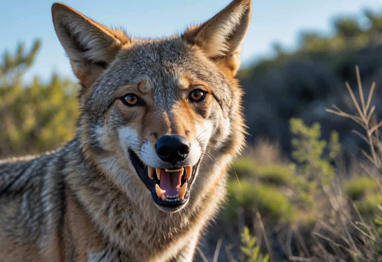 Close-up of a coyote with its mouth open showing sharp teeth in a natural outdoor setting with plants and clear sky.