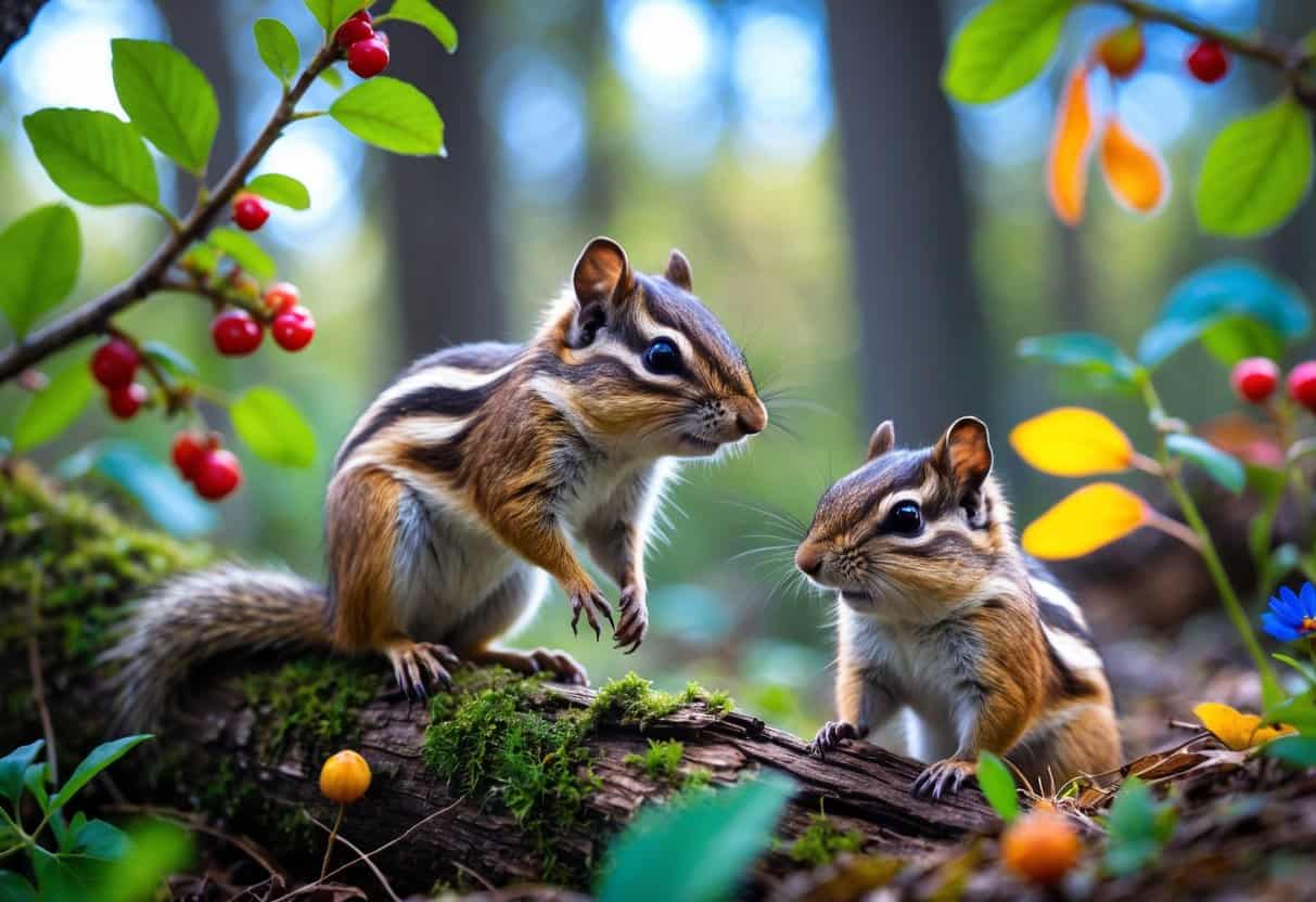 Two chipmunks in a forest setting, one on a tree branch and the other on the ground among colorful leaves and flowers.