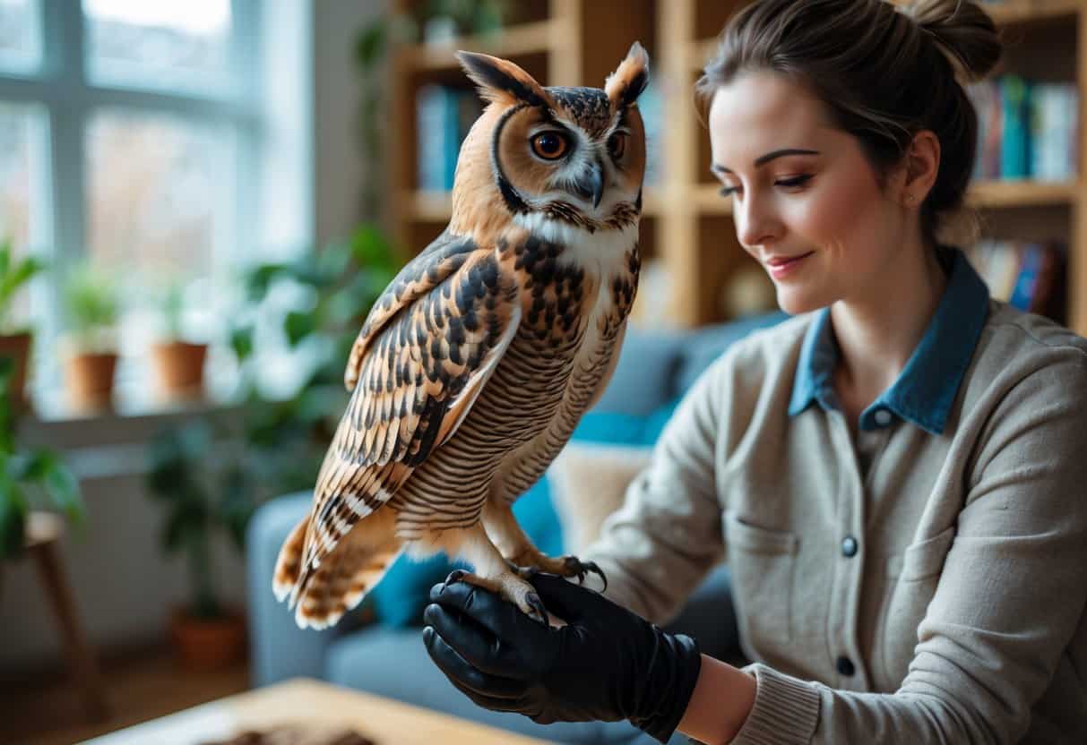 A person gently holding a pet owl indoors in a cozy living room setting.