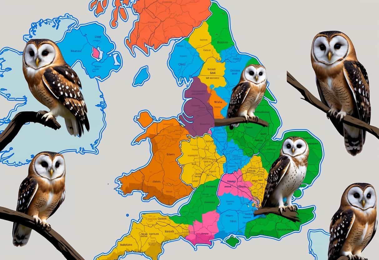 Map of the United Kingdom showing different owl species positioned in their typical habitats across various regions.