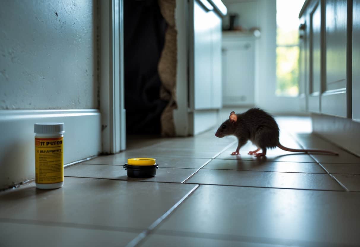 A kitchen floor with a small container of rat poison near a wall, and a rat retreating into a hole in the wall.