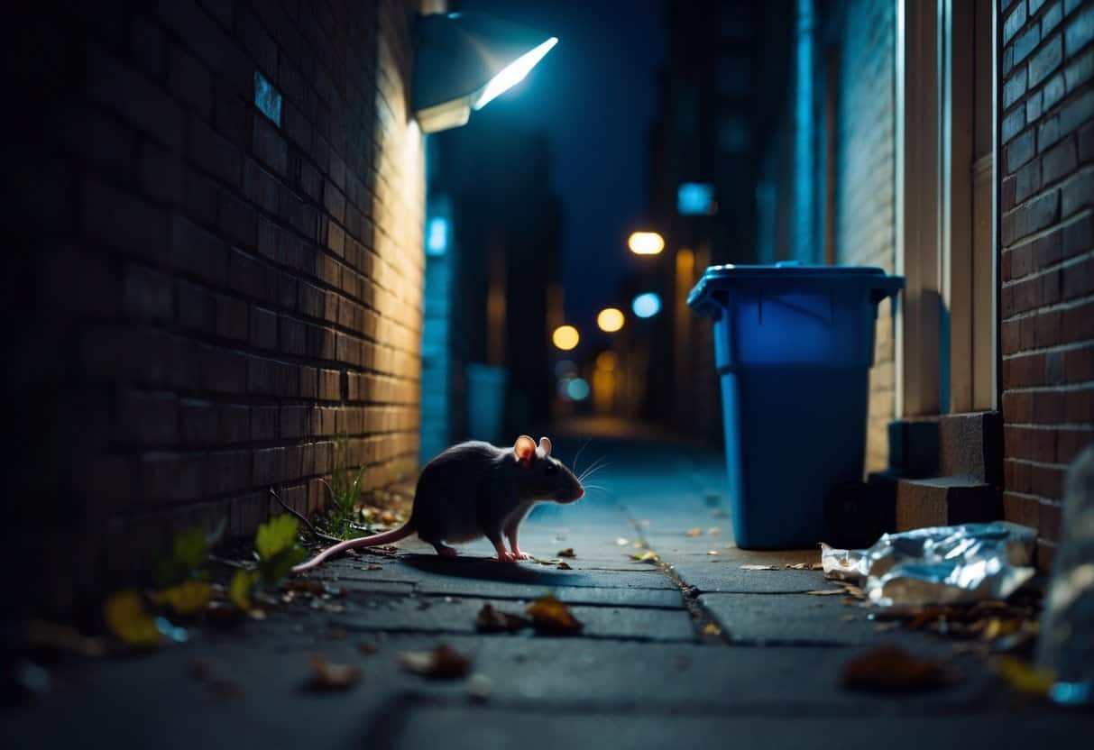A nighttime urban alley with a bright outdoor light on and a rat peeking cautiously from behind a trash bin.