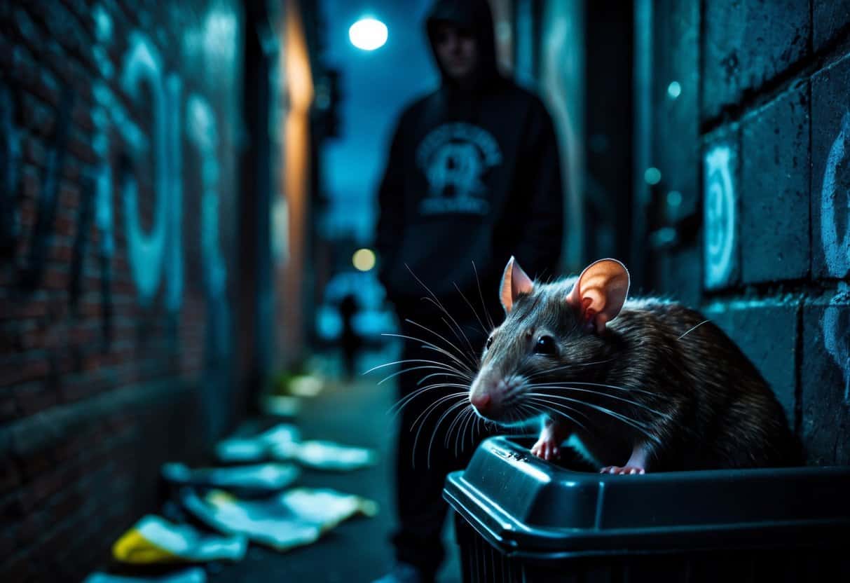 A brown rat peeking from behind a trash can in a dimly lit urban alley with a shadowy person nearby.