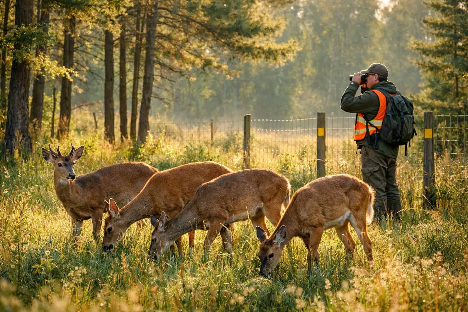 A group of deer grazing in a forest clearing while a conservationist observes them nearby.