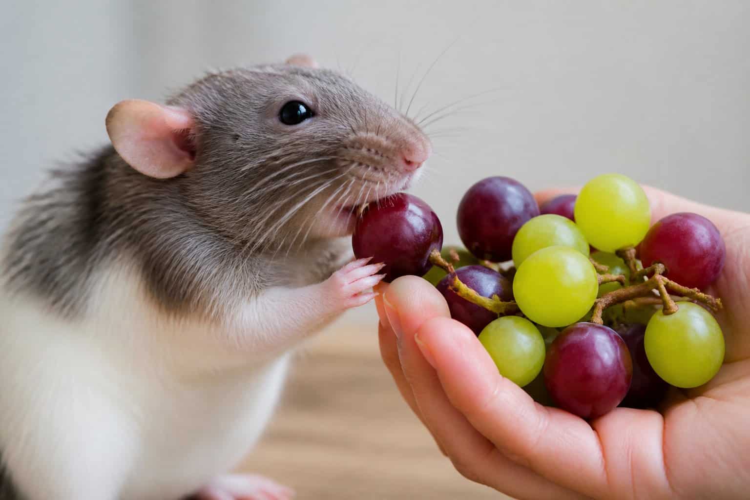 A pet rat nibbling on grapes held by a human hand indoors.