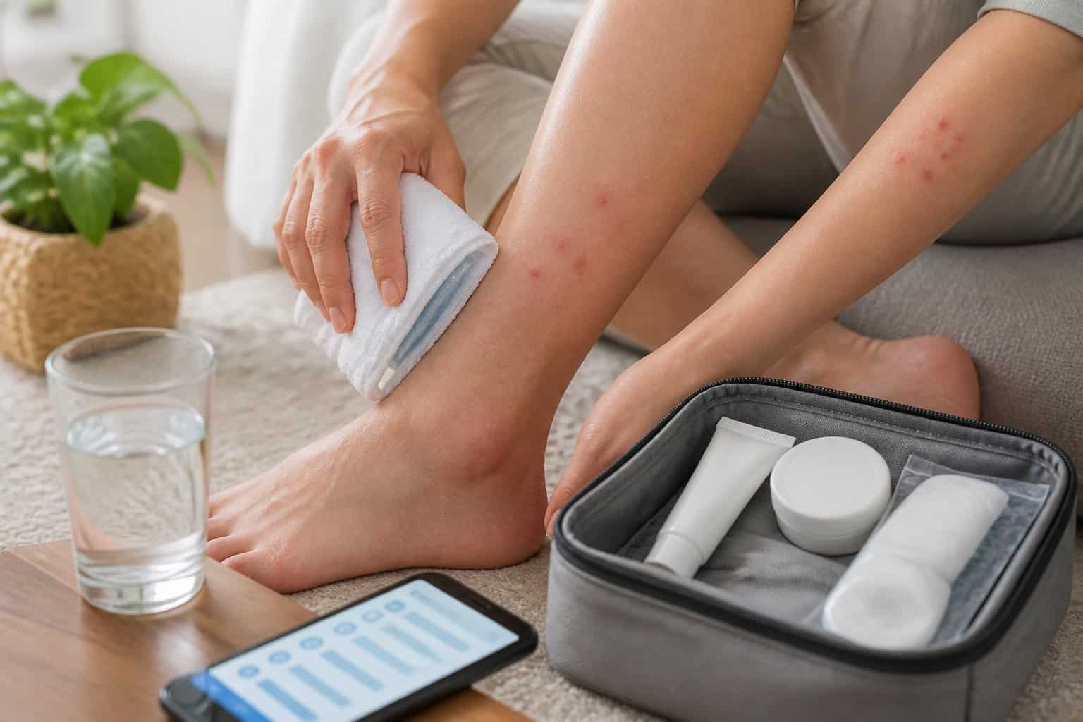 A person uses a cool compress on small itchy red bite clusters on the lower legs and forearm beside a home first-aid kit.